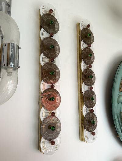 Large Contemporary Pair of Brass and Circle Disc Murano Glass Sconces Italy