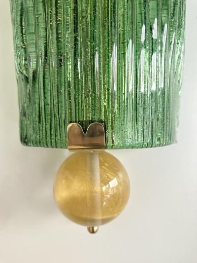 Large Contemporary Pair of Brass and Green Gold Leaf Murano Glass Sconces Italy