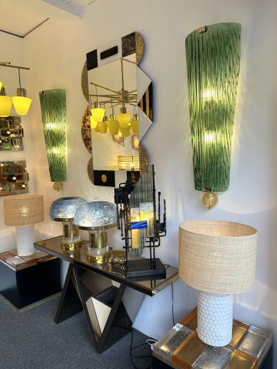 Large Contemporary Pair of Brass and Green Gold Leaf Murano Glass Sconces Italy