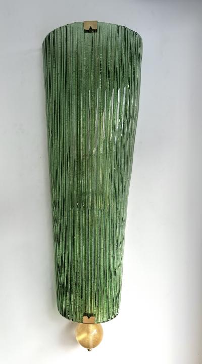 Large Contemporary Pair of Brass and Green Gold Leaf Murano Glass Sconces Italy