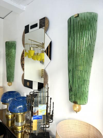 Large Contemporary Pair of Brass and Green Gold Leaf Murano Glass Sconces Italy