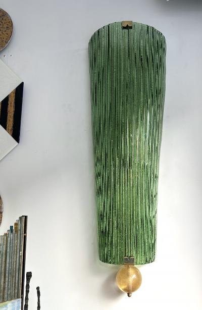 Large Contemporary Pair of Brass and Green Gold Leaf Murano Glass Sconces Italy