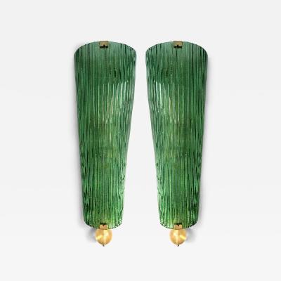 Large Contemporary Pair of Brass and Green Gold Leaf Murano Glass Sconces Italy