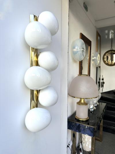 Large Contemporary Pair of Brass and White Bulb Murano Glass Sconces Italy