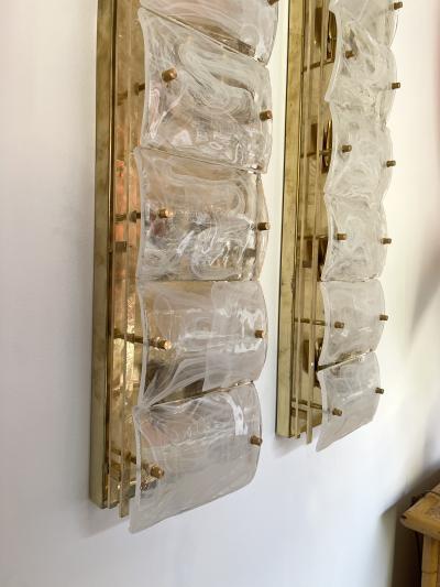 Large Contemporary Pair of Brass and White Penerello Murano Glass Sconces Italy