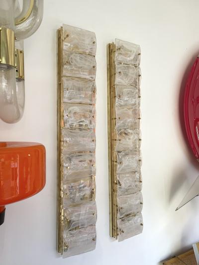Large Contemporary Pair of Brass and White Penerello Murano Glass Sconces Italy