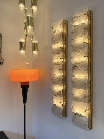 Large Contemporary Pair of Brass and White Penerello Murano Glass Sconces Italy