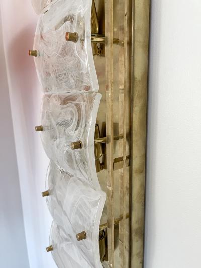 Large Contemporary Pair of Brass and White Penerello Murano Glass Sconces Italy