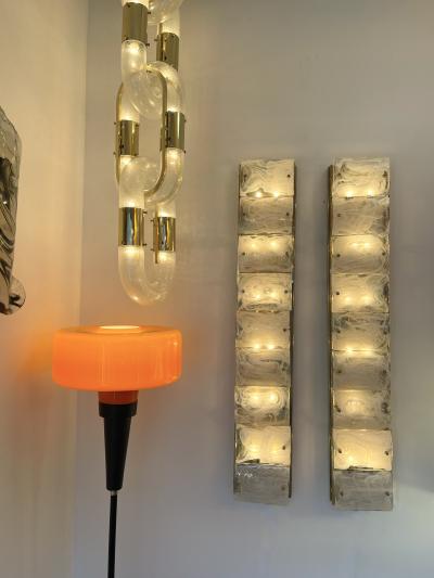 Large Contemporary Pair of Brass and White Penerello Murano Glass Sconces Italy