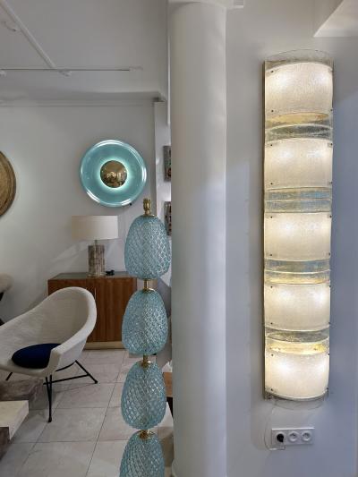 Large Contemporary Pair of Brass and White Stripe Murano Glass Sconces Italy