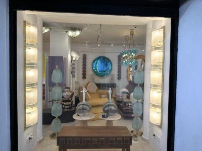 Large Contemporary Pair of Brass and White Stripe Murano Glass Sconces Italy