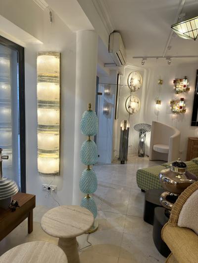 Large Contemporary Pair of Brass and White Stripe Murano Glass Sconces Italy