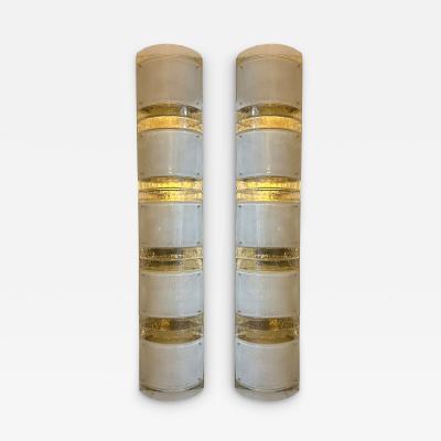 Large Contemporary Pair of Brass and White Stripe Murano Glass Sconces Italy