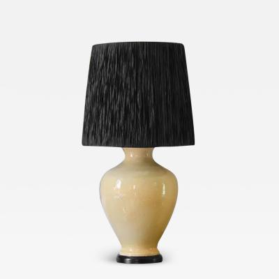 Large Crackle Ceramic Table Lamp With Wooden Base And Raffia Lampshade