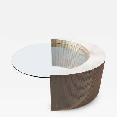 Large Crescent Moon Shaped Wood Lucite and Glass Coffee Table Circular Top