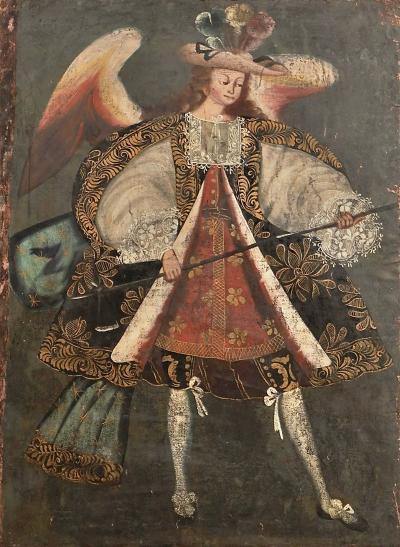 Large Cuzco School Painting of Archangel Michael