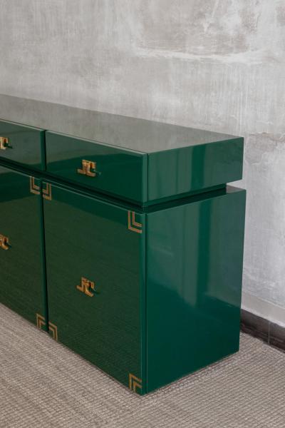 Large Dark Green Lacquered Wood Sideboard With Brass Details