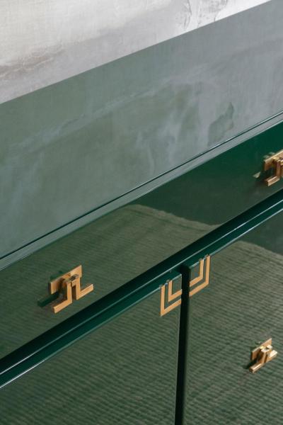 Large Dark Green Lacquered Wood Sideboard With Brass Details