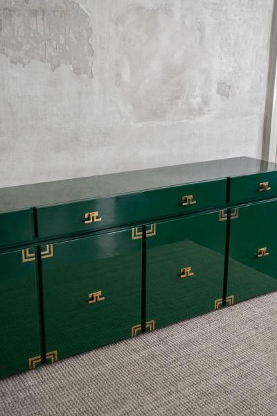 Large Dark Green Lacquered Wood Sideboard With Brass Details