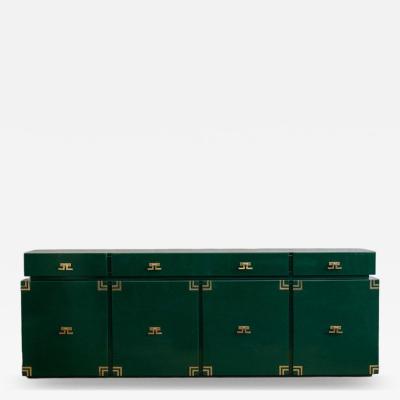 Large Dark Green Lacquered Wood Sideboard With Brass Details