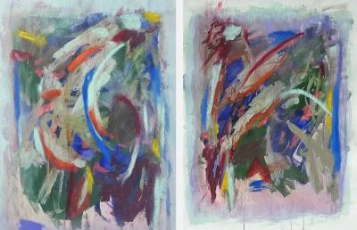 Large Diptych Abstract Painting Nicely Matted and Framed Under Glass Signed