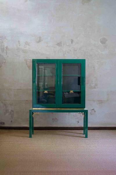 Large Display Cabinet in Green Lacquered wood with Brass Details