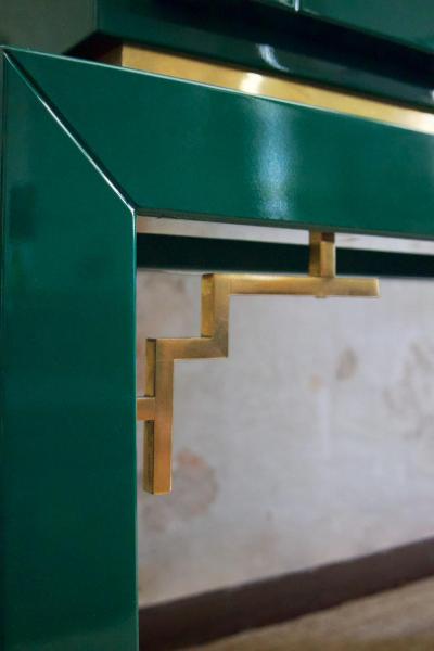 Large Display Cabinet in Green Lacquered wood with Brass Details