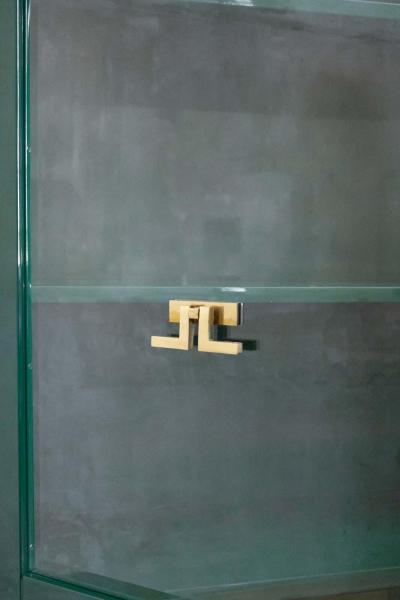 Large Display Cabinet in Green Lacquered wood with Brass Details