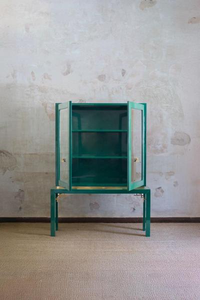Large Display Cabinet in Green Lacquered wood with Brass Details