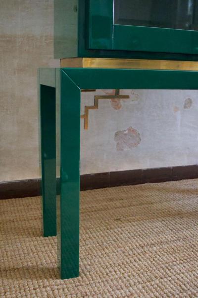 Large Display Cabinet in Green Lacquered wood with Brass Details