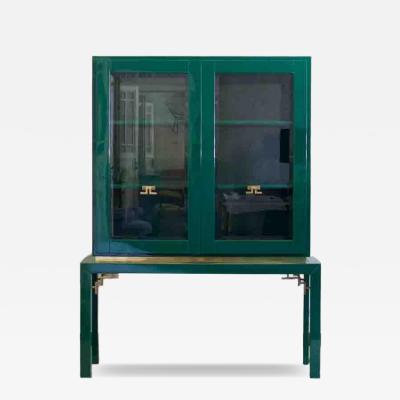 Large Display Cabinet in Green Lacquered wood with Brass Details
