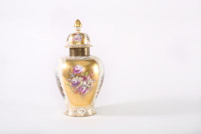 Large Dresden Gilt Porcelain Covered Decorative Urn