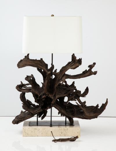 Large Driftwood Lamp on Custom Travertine Base