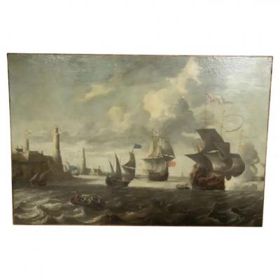 Large Dutch Marine Oil On Canvas Painting