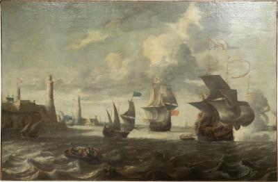 Large Dutch Marine Oil On Canvas Painting