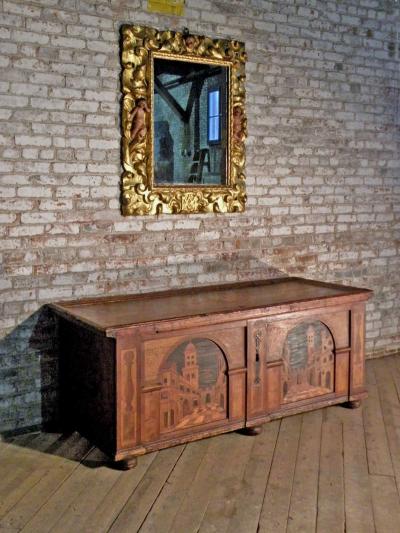 Large Early Baroque Alpine Architecturally Inlaid Coffer Chest