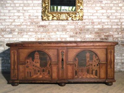 Large Early Baroque Alpine Architecturally Inlaid Coffer Chest