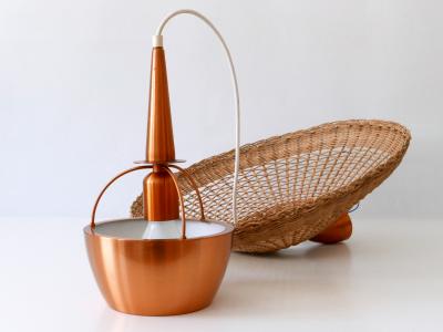 Large Elegant Mid Century Modern Rattan Copper Pendant Lamp Denmark 1970s