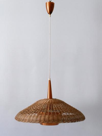 Large Elegant Mid Century Modern Rattan Copper Pendant Lamp Denmark 1970s