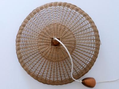 Large Elegant Mid Century Modern Rattan Copper Pendant Lamp Denmark 1970s
