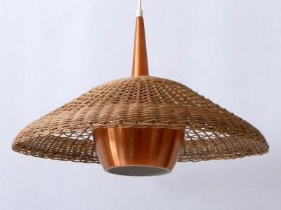 Large Elegant Mid Century Modern Rattan Copper Pendant Lamp Denmark 1970s