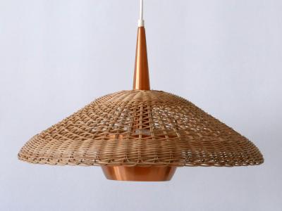Large Elegant Mid Century Modern Rattan Copper Pendant Lamp Denmark 1970s