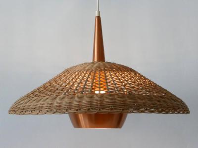 Large Elegant Mid Century Modern Rattan Copper Pendant Lamp Denmark 1970s