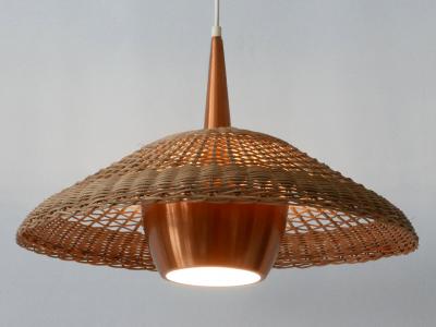 Large Elegant Mid Century Modern Rattan Copper Pendant Lamp Denmark 1970s