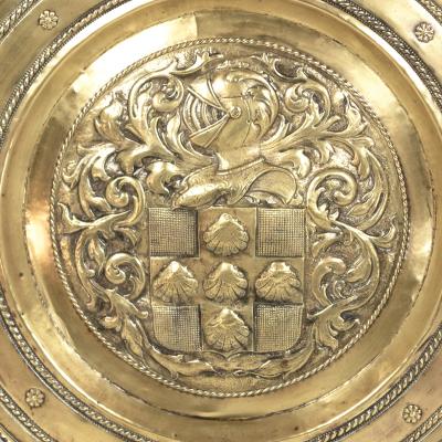 Large Embossed Brass Charger with Coat of Arms English Circa 1860