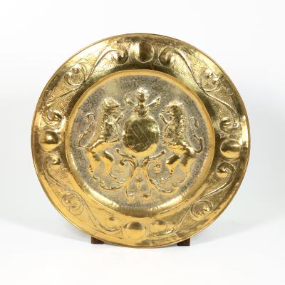 Large Embossed Brass Charger with Coat of Arms English Circa 1880