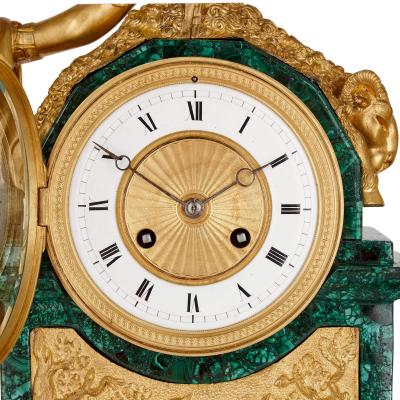 Large Empire style ormolu and malachite mantel clock with mythological sculpture