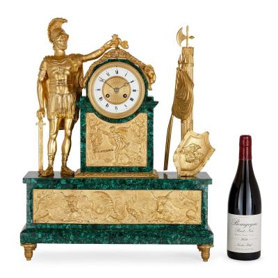 Large Empire style ormolu and malachite mantel clock with mythological sculpture