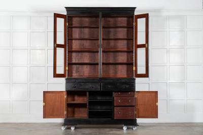 Large English 19thC Ebonised Mahogany Glazed Bookcase Secretaire