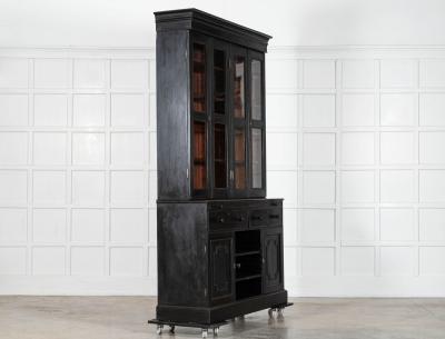 Large English 19thC Ebonised Mahogany Glazed Bookcase Secretaire